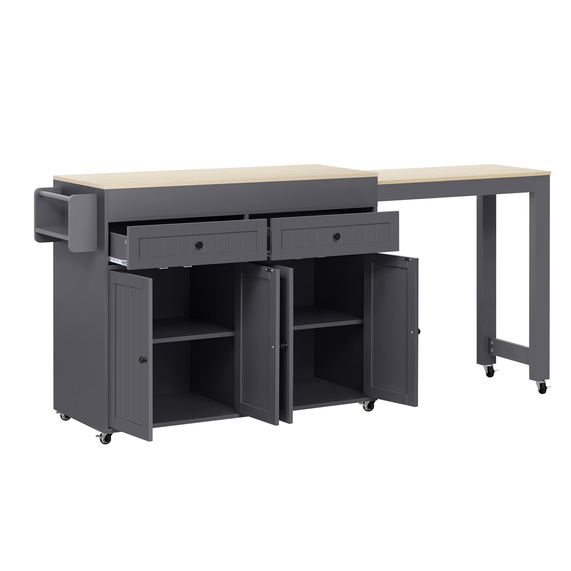 Isola da cucina su ruote con 2 cassetti, 4 ante, piano di lavoro allungabile, tavolino bar allungabile con spazio di archiviazione, tavolo estensibile, per 2-6 persone, carrello da cucina