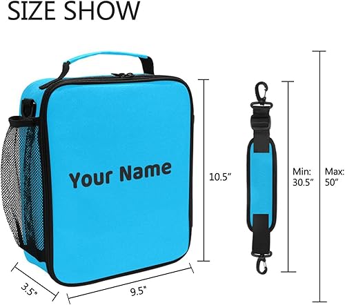 Miniatura 5 de Lonchera con nombre personalizado para niños, azul cielo profundo, enfriador, aislada, para niños y niñas, bolsa de almuerzo con correa para el