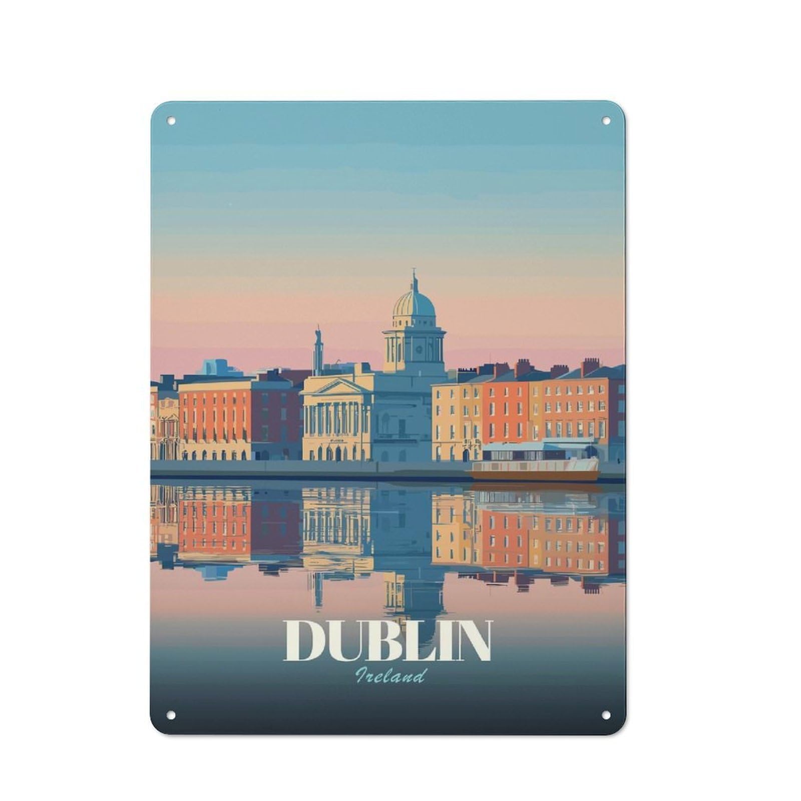 Junmoney Style-7 Dublin Ireland Cityscape Reflection Art Distressed Look Metal Wall Decor 40X30cm, Vintage Tin Sign For Living Room, Hallway, Kitchen Or Cafe
