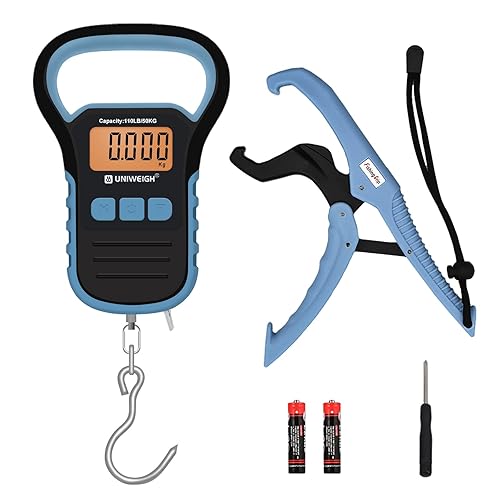 UNIWEIGH Báscula de pesca con agarre, cinta y regla, báscula de equipaje colgante postal de 110 libras con gancho, escala eléctrica impermeable de