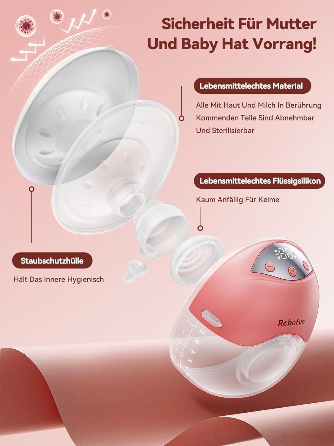 2 Stück elektrische Milchpumpe, Freisprecheinrichtung, doppelt, leise, 4 Modi und 12 Saugstufen, elektrische Milchpumpe mit Staubschutz, 19 mm/21 mm/24 mm, Rosa