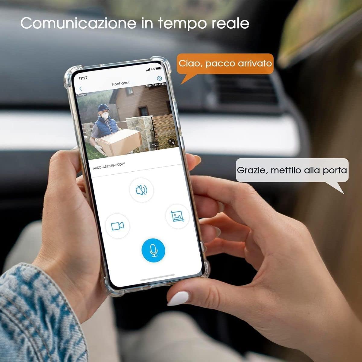 Smartphone screen showing two-way audio communication with the Topcony TY10BKV5 camera