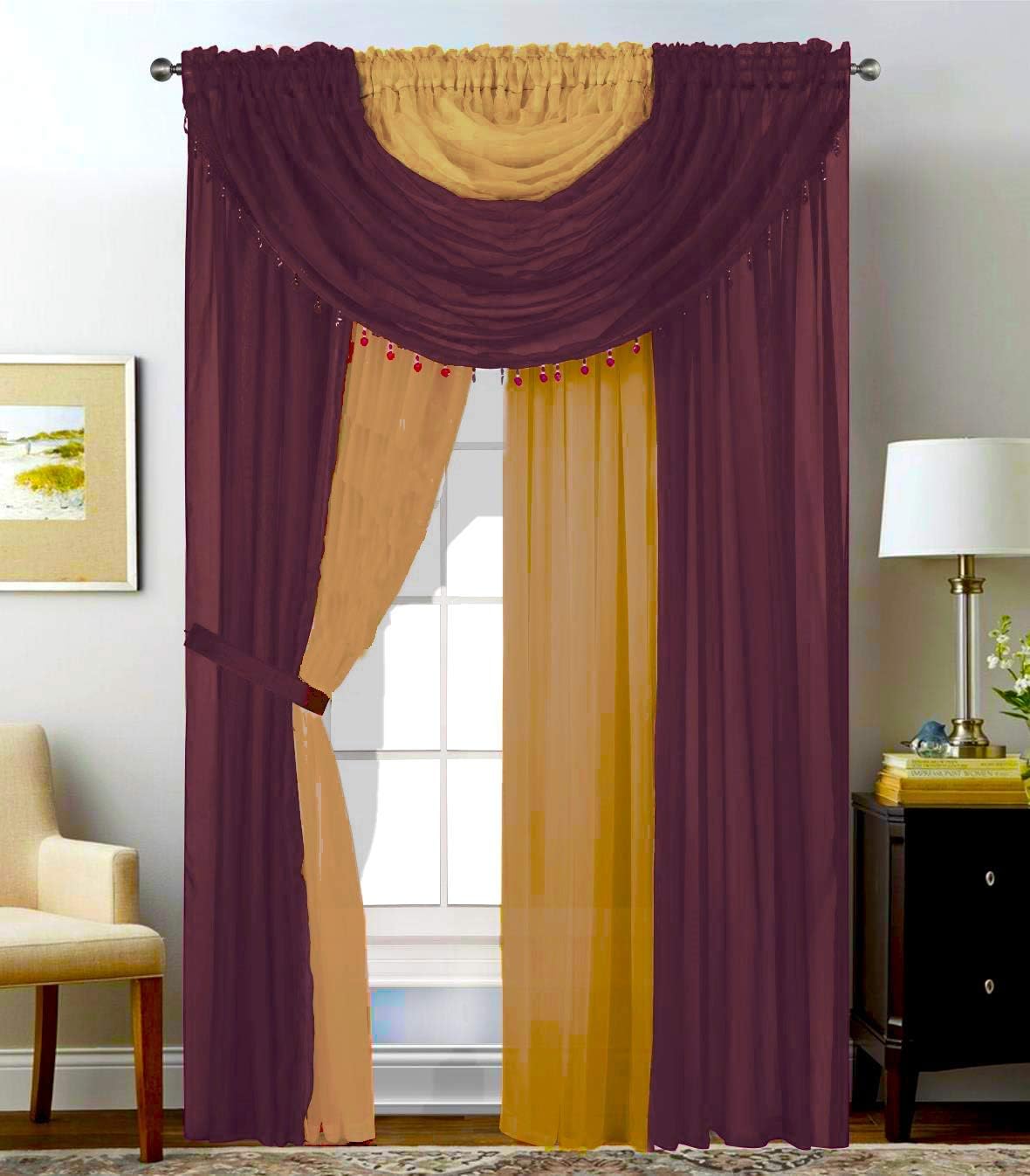 LinenTopia Sheer Curtain Panels - 4-Panel Set with Valance and Tiebacks, Elegant Light Filtering Window Treatments for Living Room, Bedroom, Kitchen, Dining Room - 55"x95" Long, Sunflower/Black