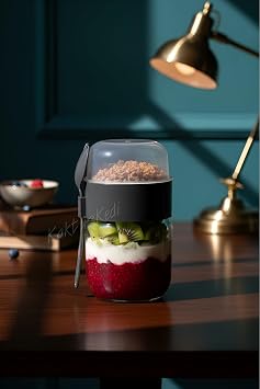 Kaşıklı Çatallı Cam Öğün Bardağı - Yemek Taşıma Ve Saklama Kabı - Müsli Kabı 625 Ml Antrasit, 7480000717855