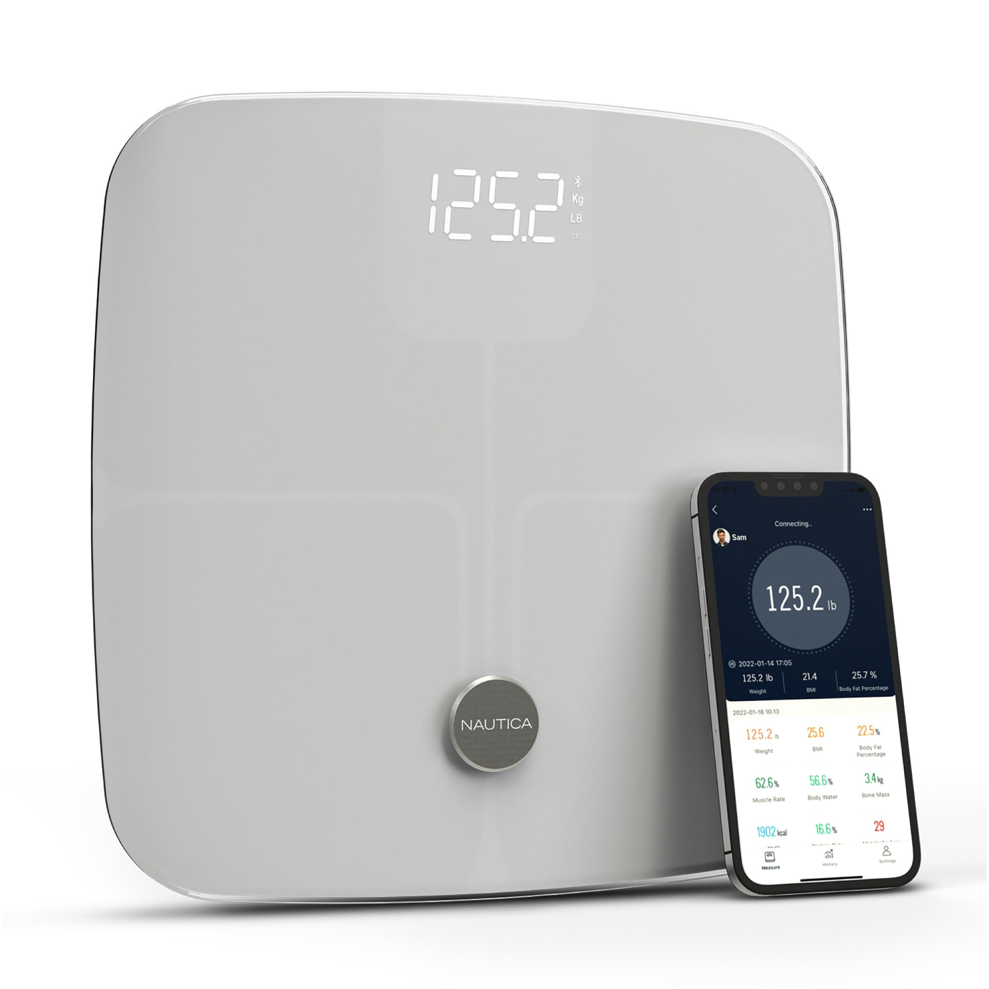 Nautica Body Tracker Digital Bathroom Scale Bluetooth-Enabled Smart Scale with BMI Body Fat Muscle Mass Tracking More Syncs