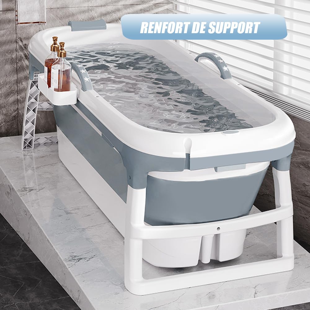Baignoire pliable pour adulte XXL 118 * 60 * 53cm, Baignoire portable pliable avec couvercle, repose-tête et rouleau de massage, baignoire pliable pour salle de bains (GRIS)
