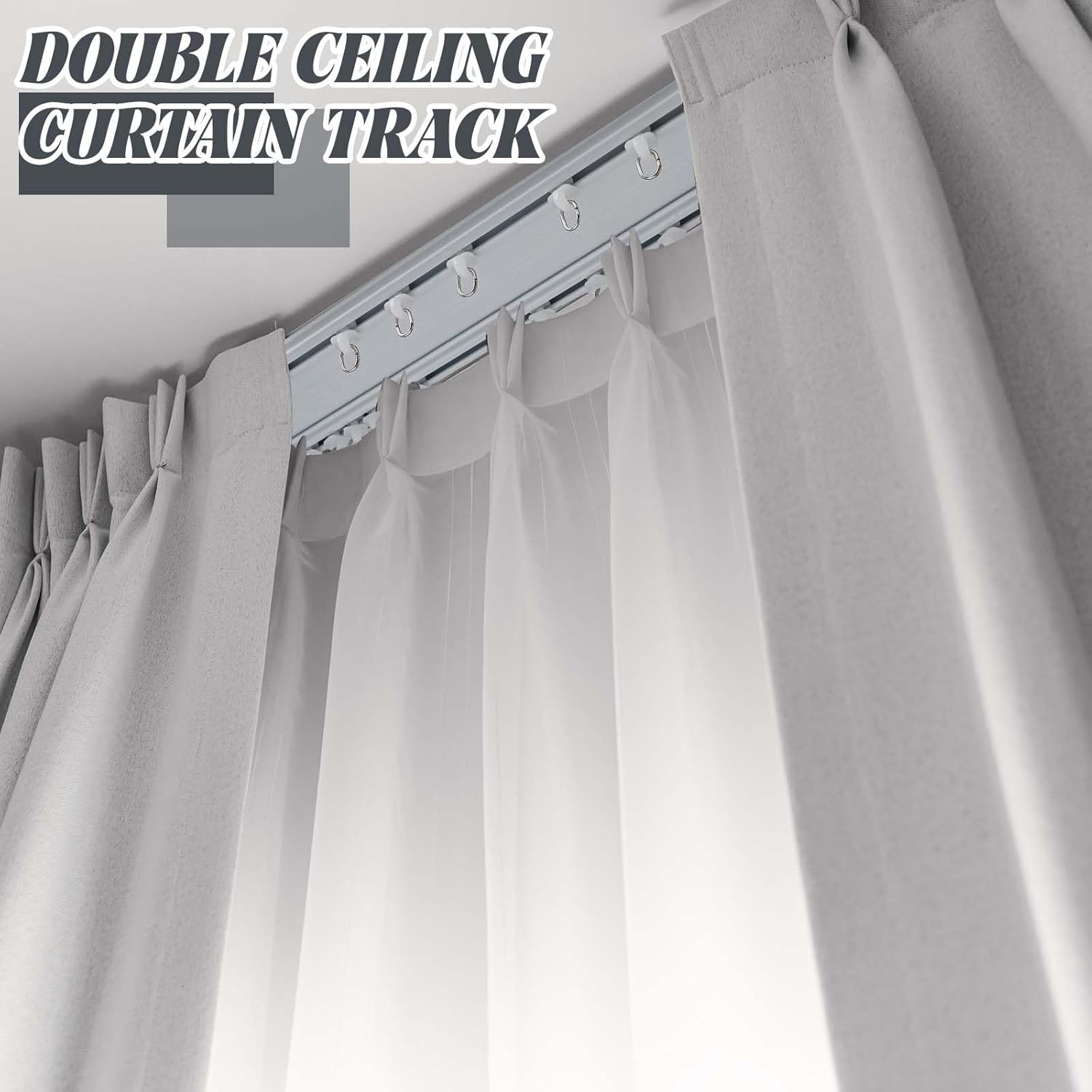 Juexica 2 Set Ceiling Curtain Double Track Set 3ft-10ft/ 3meter White Double Curtain Track Ceiling Mount Heavy Duty Room Divider Adjustable Length Rails with Clips Hooks End Hook