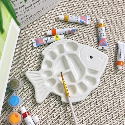 Image of Unique Fish Shape Ceramic Watercolor Palette, White Mixing Tray for Artists | Porcelain Paint Palette Fishtail Pen Rest Design, Desktop Decoration Storage, Easy to Clean, Gift for Painting Enthusiasts