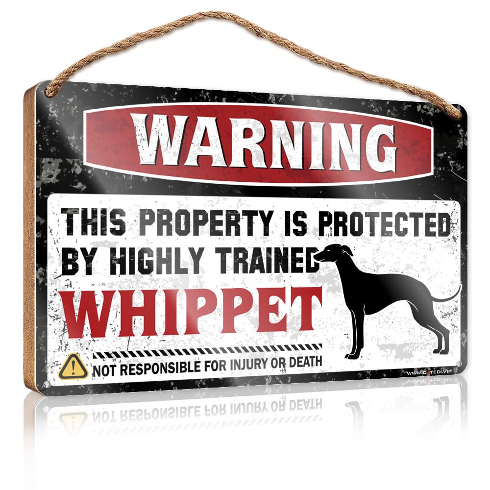 HELIOFORGE Funny Door Hanging Signs Warning This Property Is Protected By A Highly Trained Whippet Wooden Sign(23X35CM)