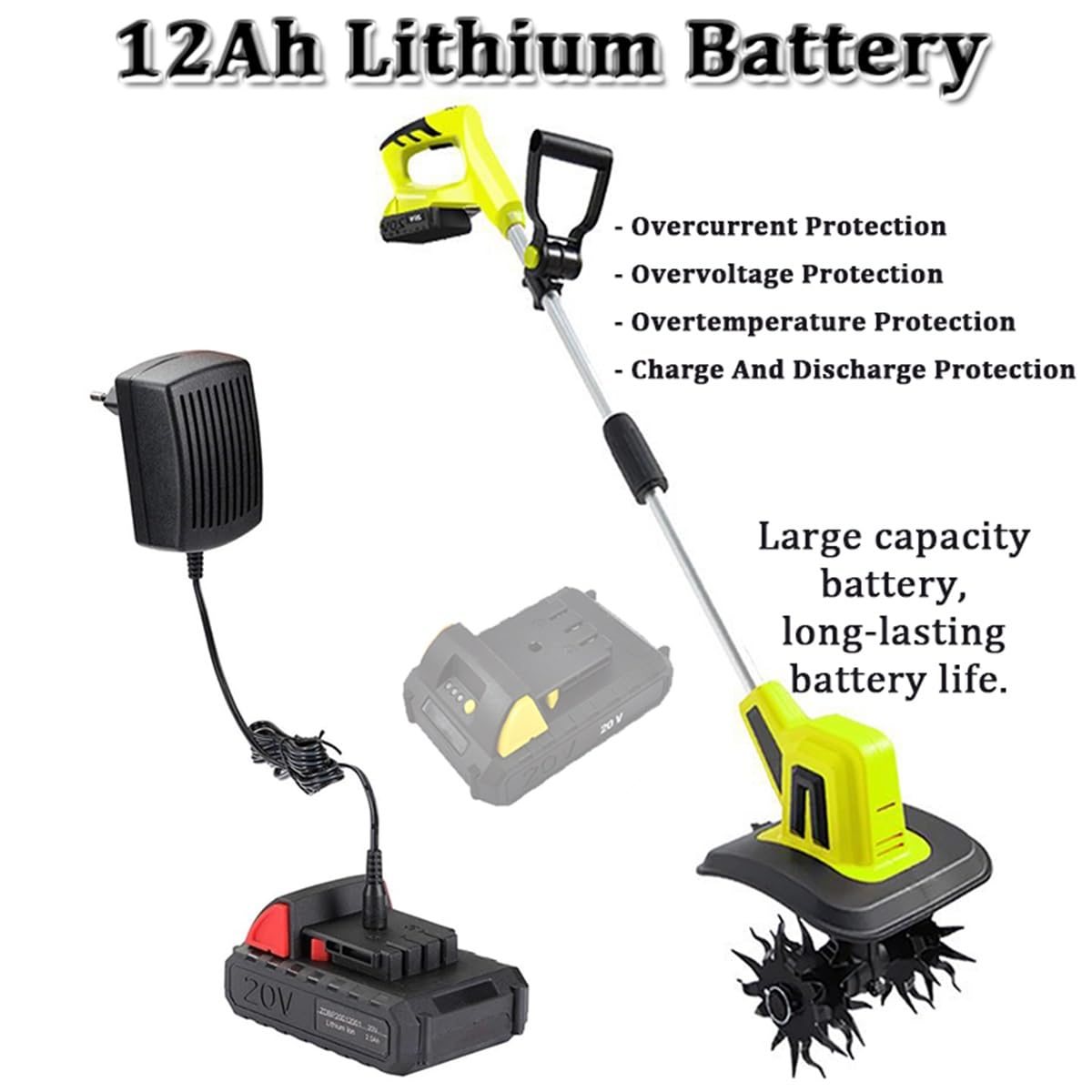Motozappa elettrica Senza Fili, Motozappa da Giardino 20 V, Batteria 2×12 Ah, Motozappe per scavo, Rimozione Erbacce - Larghezza di Lavorazione 25 cm, profondità di Lavorazione 22 cm