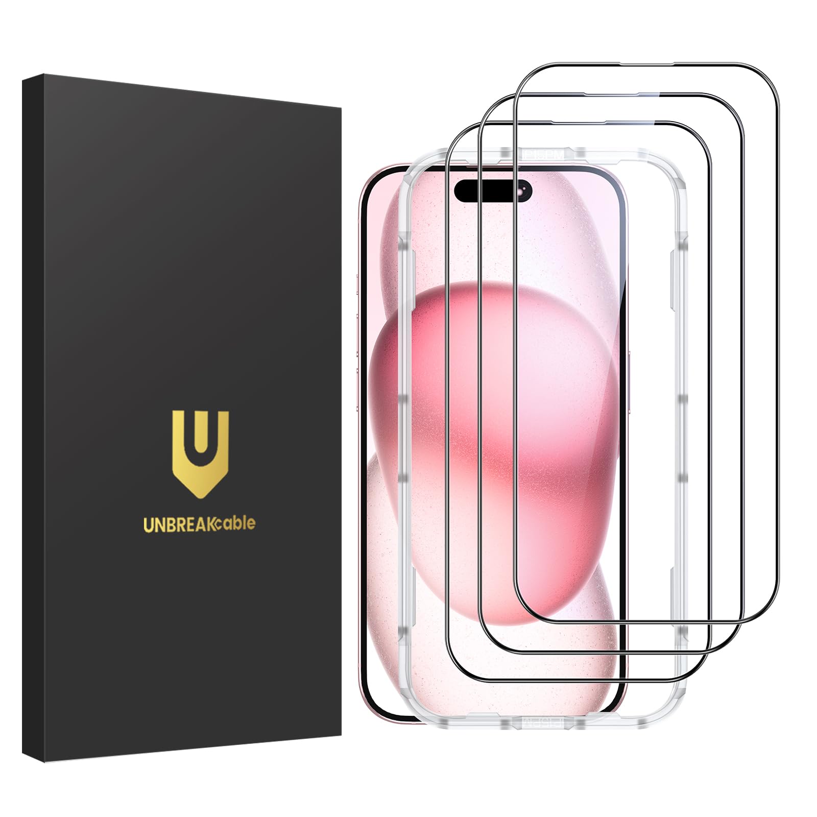 UNBREAKcable 3er-Pack für iPhone 15 für Panzerglas, für Schutzfolie Glas [1:1 Vollabdeckung] [Einfacher Installationsrahmen] [9H-Härtegrad] [99,99% HD] - 6,1 Zoll