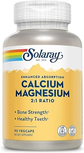 Solaray Absorción mejorada Calcio Magnesio  90 cápsulas vegetales  Proporción 21  Apoya la fuerza ósea y dientes sanos  Vegano  Paquete de 2
