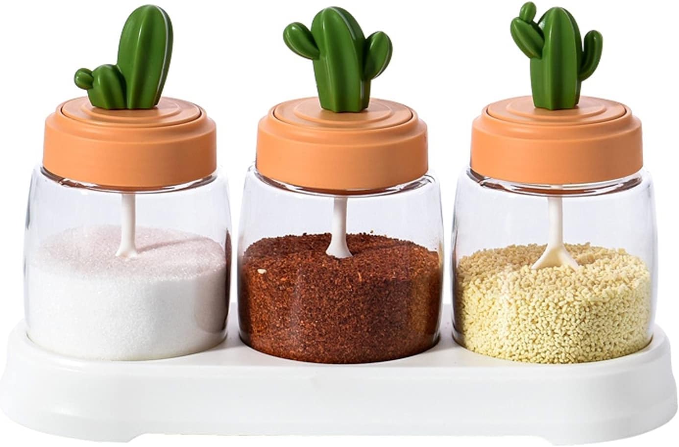 Seasoning Bottle Set Condiment Container Seasoning Box Spice Jars Salt Sugar Glass Condiment Pots Transparent Storage Container with Spoon for Kitchen Set of 3 Spice Bottle Set(A)