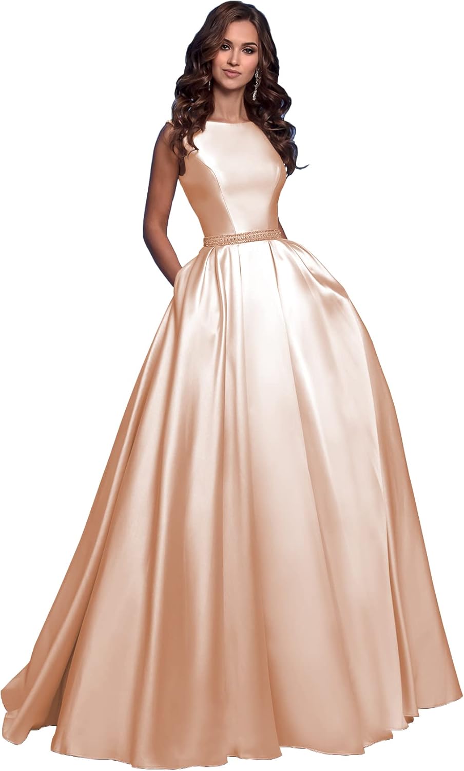 OFEECHUN Women's A Line Satin Prom Dresses Long Ball Gown Ruched Beaded Evening Formal Party Dress with Pockets