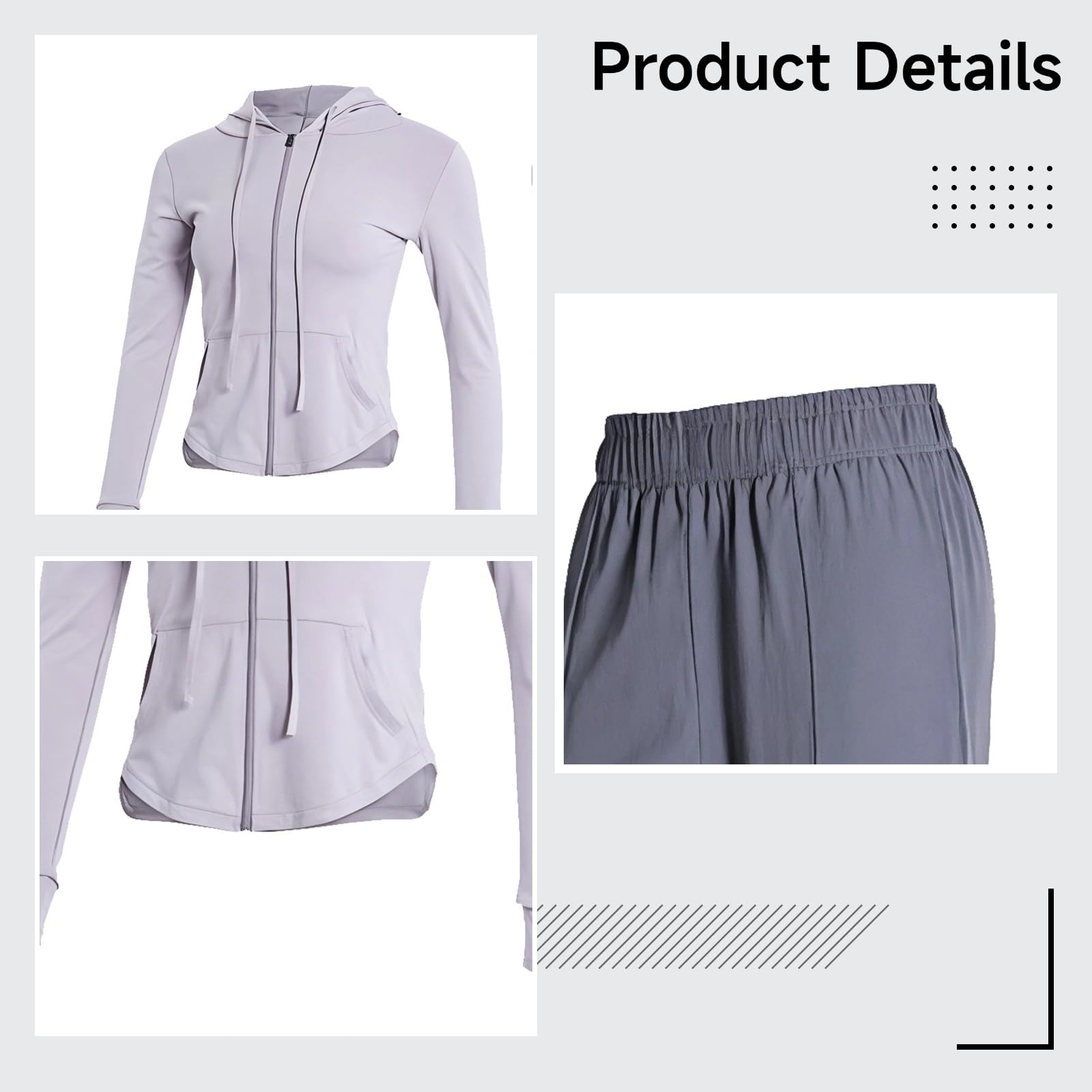 Completo da donna per pilates e yoga, set da 2 pezzi con cappuccio, in nylon e spandex, grigio