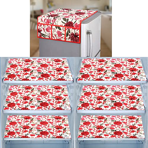 Image of Combo Set of 1 Pc Fridge Top Cover and 6 Pc Fridge Mats (Red, Set of 7)