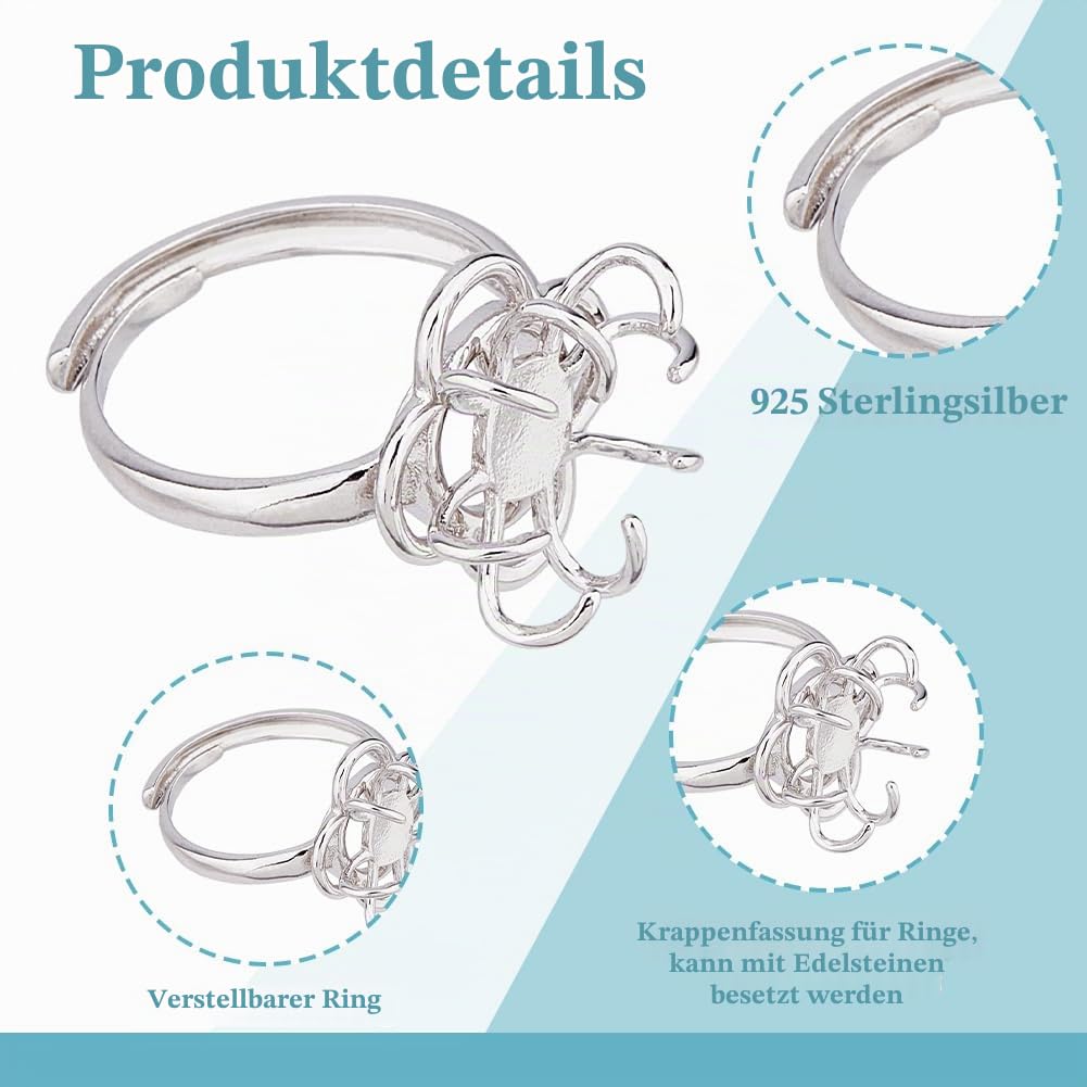 1 Stück 925 verstellbare Ringfassungen Aus Sterlingsilber Platin Krallenringrohlinge 17mm Krallenringkomponenten Für Unregelmäßige Cabochons Für Ohrringe Schmuckherstellung DIY Handwerk