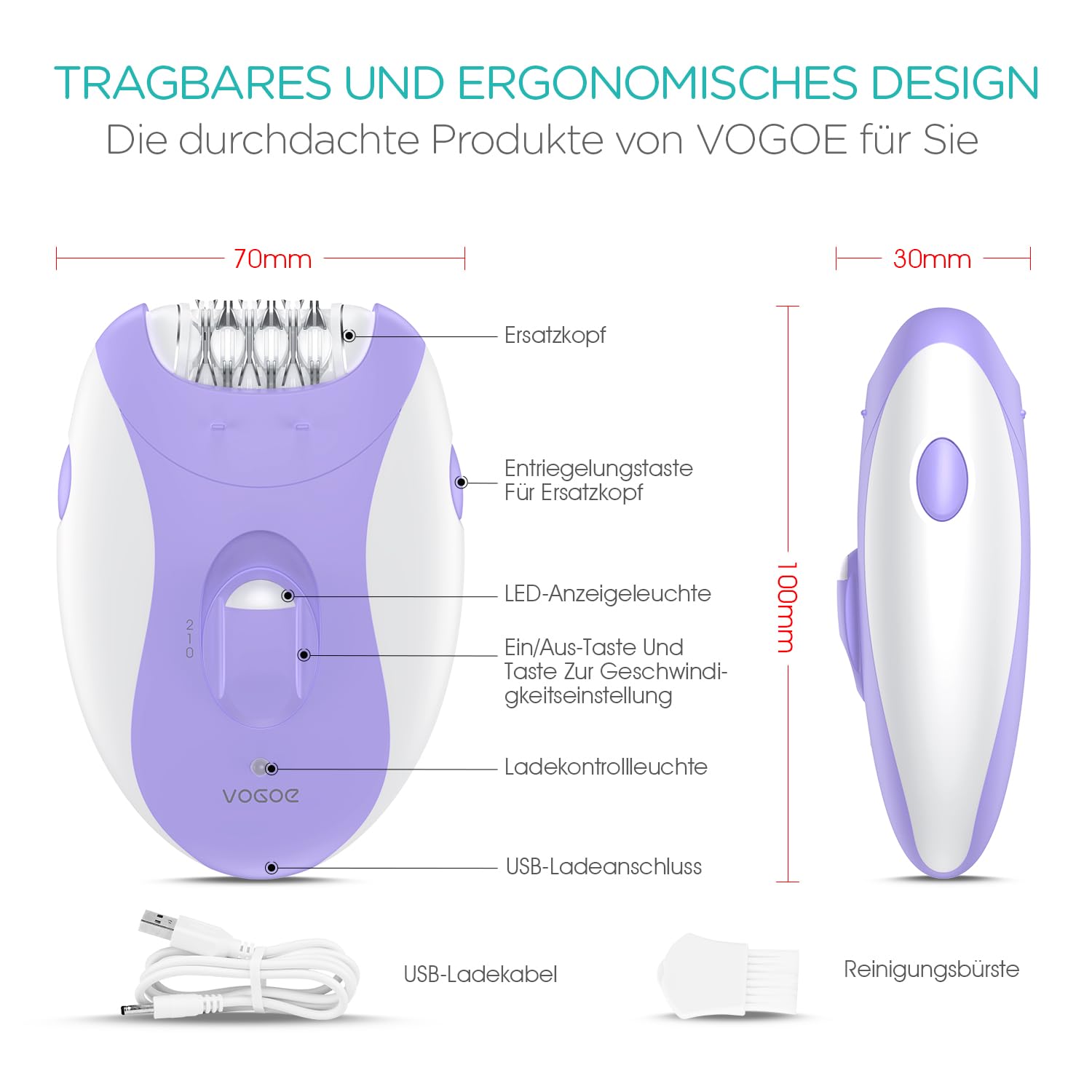 VOGOE Epilierer Damen für Haarentfernung, Epeliergerät Körper 4 in 1 Elektrischer Kabelloser, 21 Pinzetten für Gesicht Beine Arme Bikini, HR310 Lila