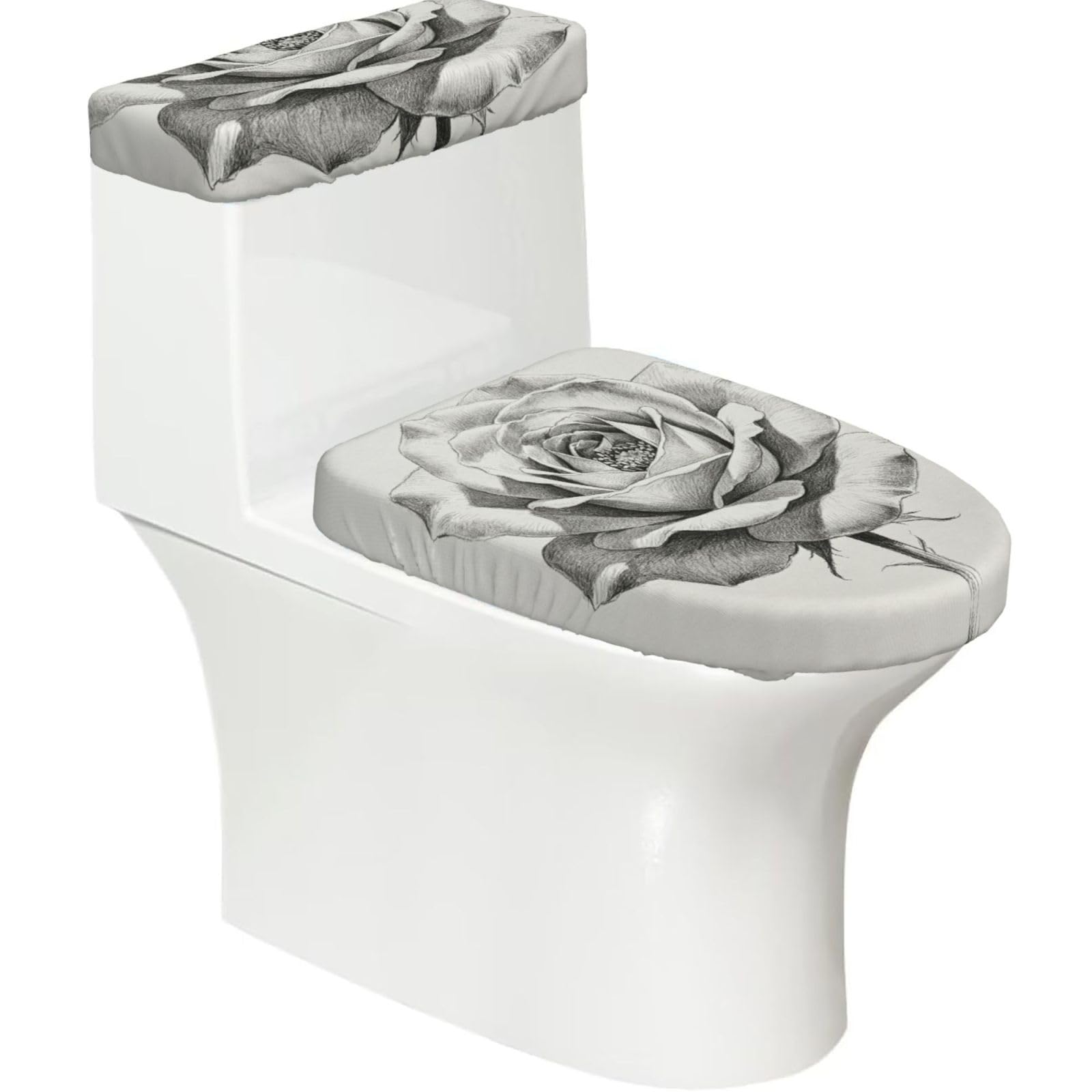 Sketch Rose Art Elastic Toilet Cover Set of 2-Stretchy Lid and Tank Covers for Bathroom, Soft Washable U Shape Toilet Decor