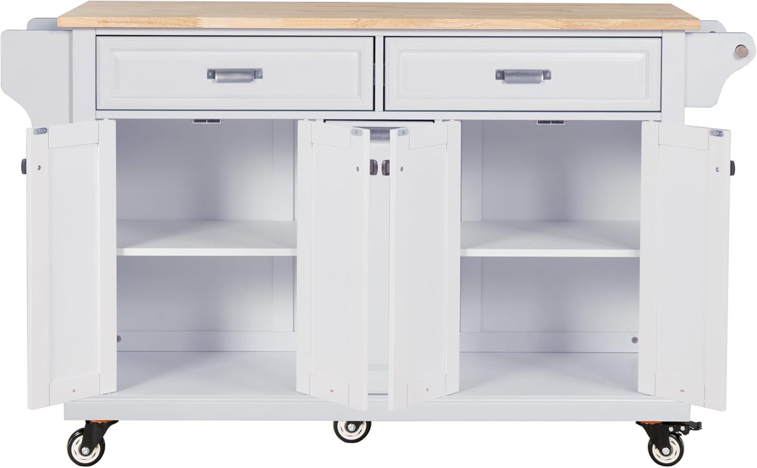 Rolling Solid Wood Kitchen Island with Rubberwood Top, 3 Drawers, 2 Cabinets, Adjustable Shelves, Spice Rack & Locking Wheels – Painted Finish, White