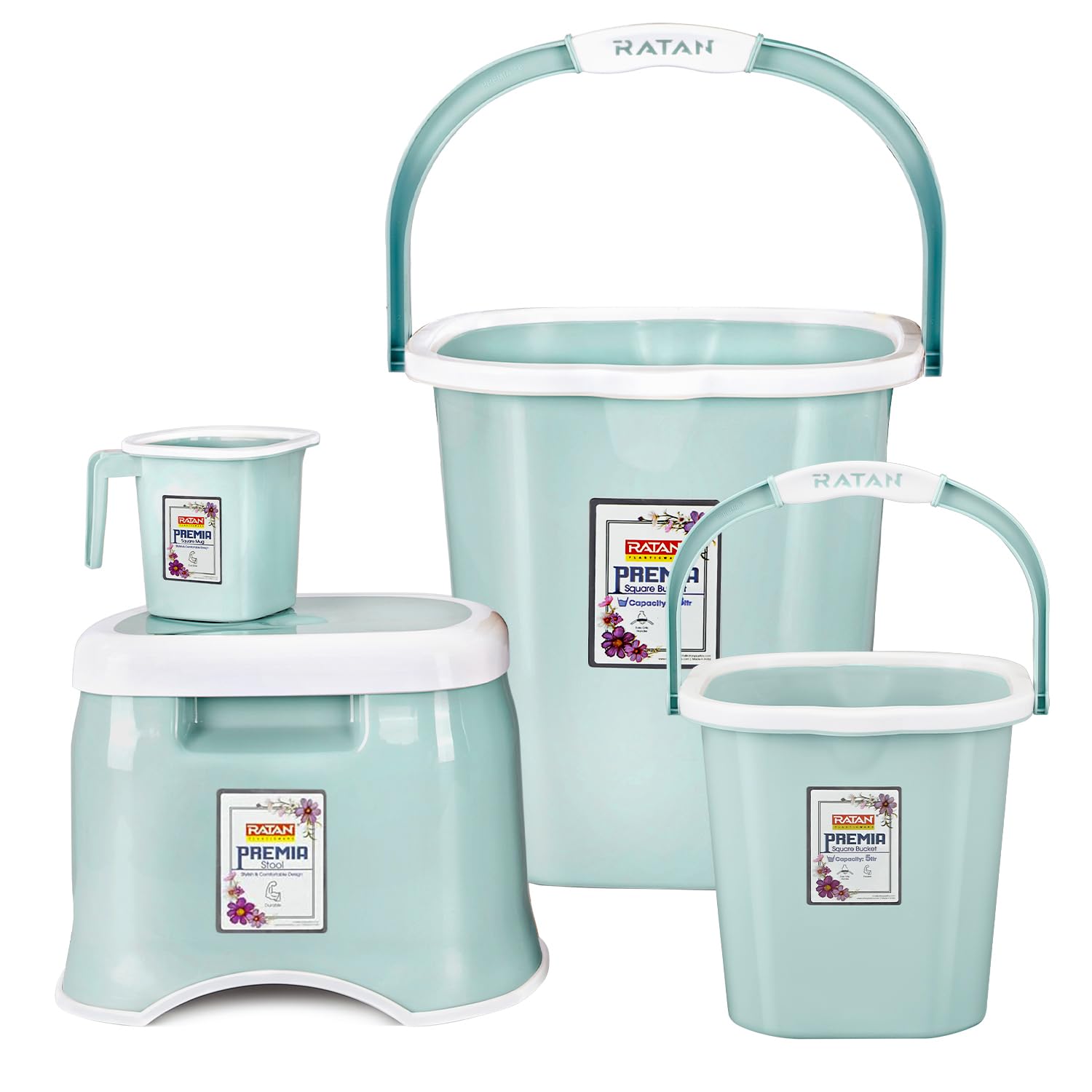 RATAN PLASTICWARE Premia Bathroom Set (Bucket 5L X 1) + (Bucket 25L X 1) + (Mug 1.5L X 1) + (Small Stool X 1) - Mint|Easy to Carry | Perfect for Use in Bathrooms, Kitchen & Wet Utility Areas-image-32