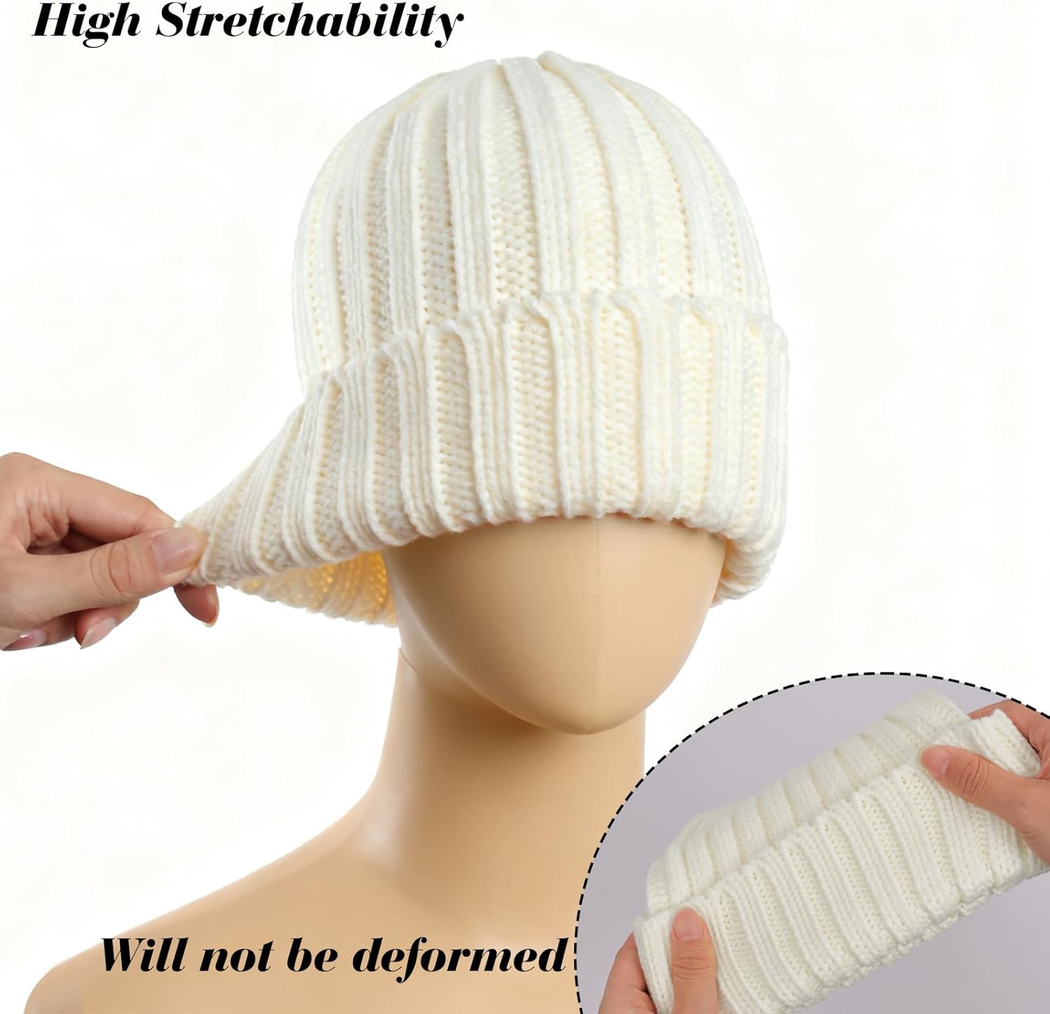 Womens Winter Knitted Beanie Hat White Beanie Snow Cap Warm Knit Fashionable Caps for Fall Cold Weather - Image 3