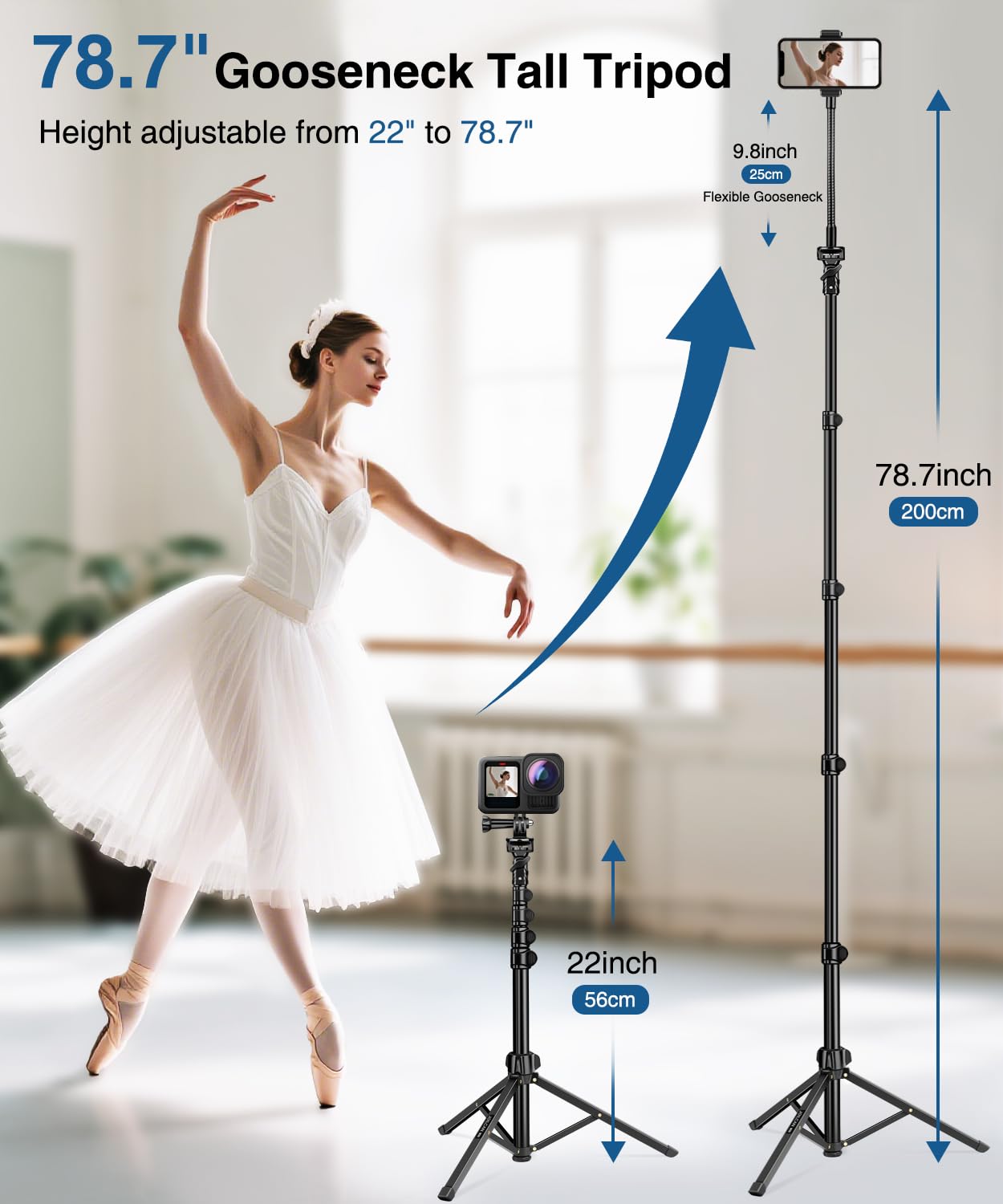 JOILCAN 200cm Statyw do Telefonu z Elastycznym Szwankiem 25cm i Pilotem, Aluminiowy Rozsuwany Lekki Statyw do Smartfona do iPhone 17/16/15/Pro Max, Przenośny Statyw do Aparatu Sony DSLR i Actioncams