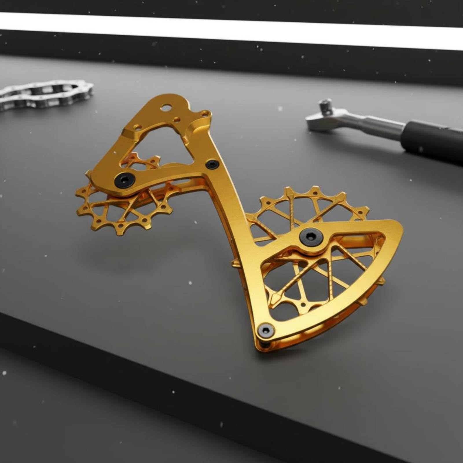 TISHITA Fahrrad Schaltwerkkäfig Kettenschaltung Führungsmechanismus Ultraleichter Umwerferkäfig mit Gefrästem Aluminium Und Keramiklager für Asphaltierte Straßen Entlegene Pfade Alltagsverkehr, Gold