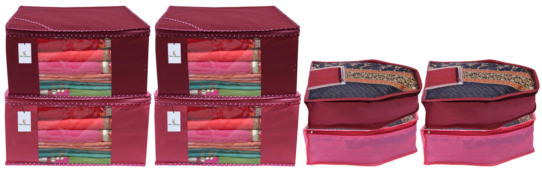 Kuber Industries Non Woven 4 Pieces Saree Cover/Cloth Wardrobe Organizer and 4 Pieces Blouse Cover Combo Set (Pink & Maroon)