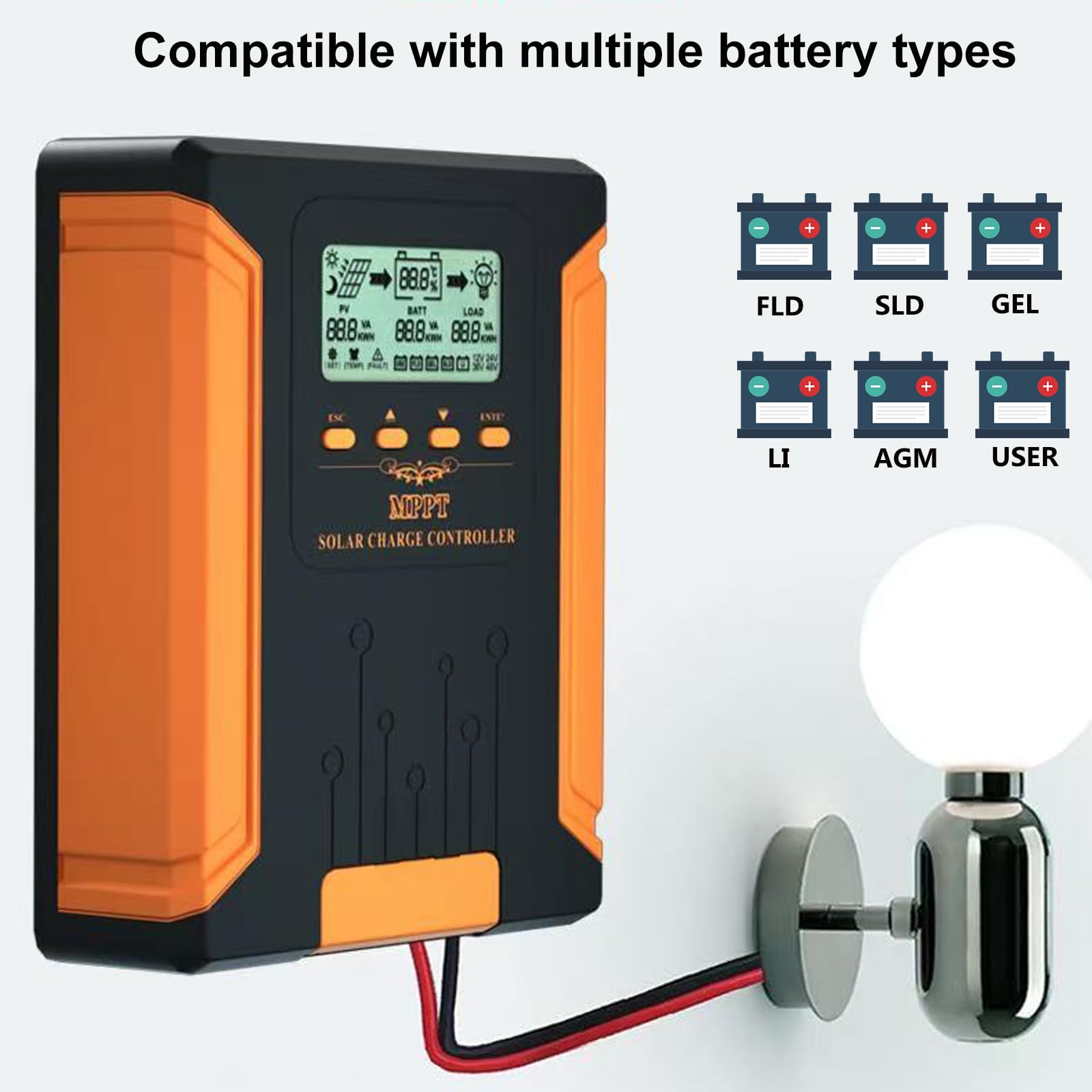 MPPT Laderegler Solar 12V 24V 36V 48V Auto, 50A Solarladeregler mit LCD Display, Smart Solarregler, Solar Charge Controller für Sealed Gel Flooded Lithium Batterien Lifepo4 usw