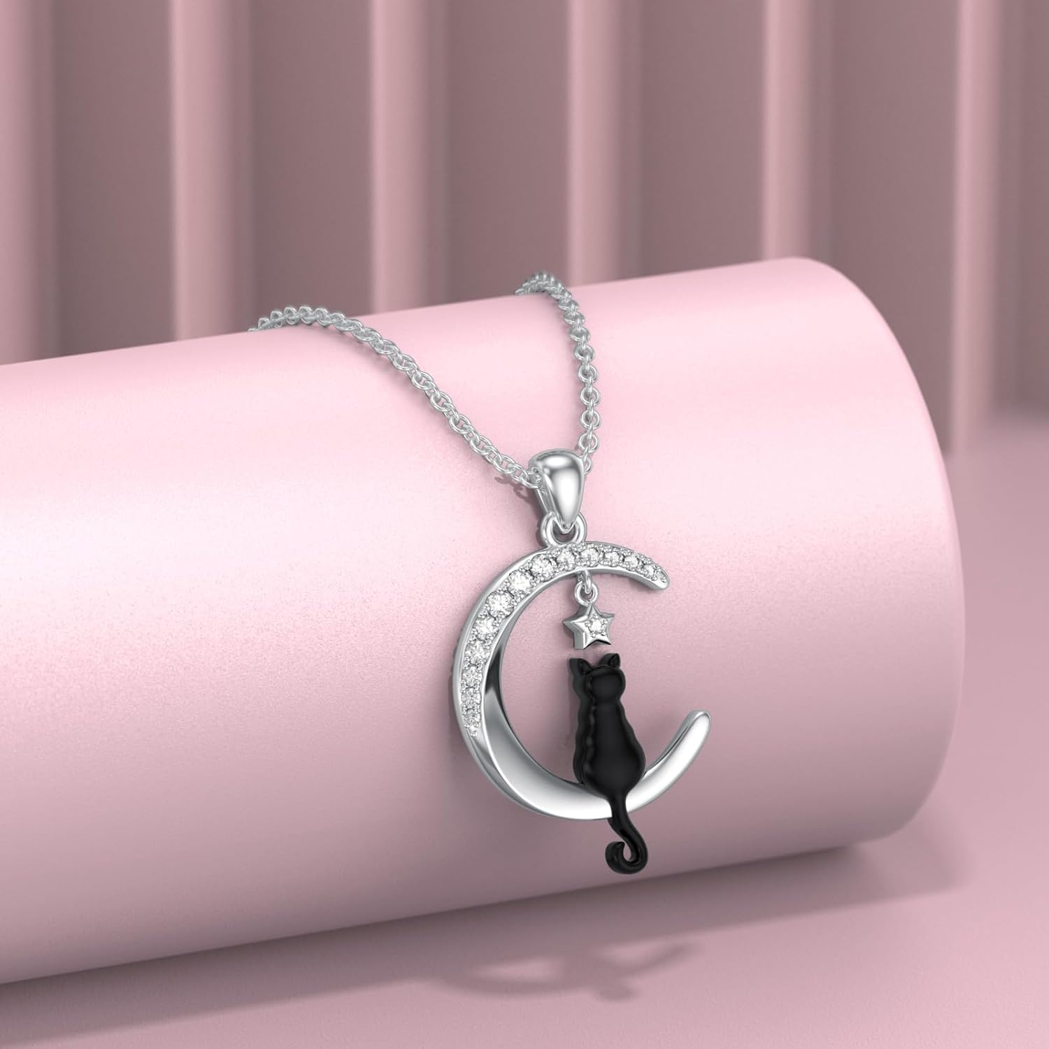 Diamond Moon Star and Black Cat Pendant Necklace for Women 925 Sterling Silver Lab Grown Diamonds Jewelry Gifts 0.17 Cttw D Color VVS Clarity - Image 2