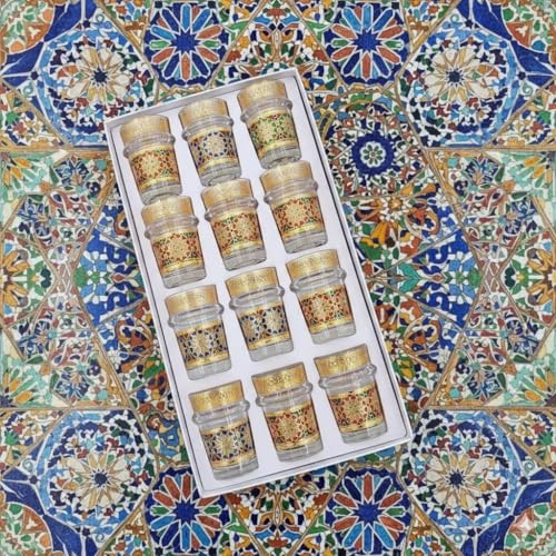 RIADTEC Set de 12 Vasos de Té Marroquíes Hechos a Mano – Diseño Tradicional con Detalles Dorados y Mosaicos de Colores – Capacidad 130 ml – Ideal para Servir Té, Café y Decoración