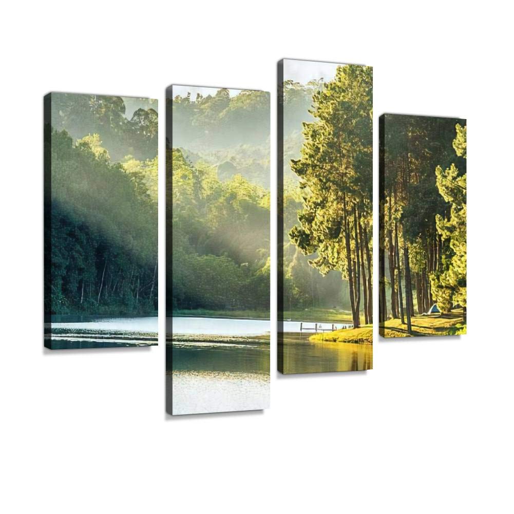 pang ung, reflection of pine tree in a lake Canvas Print Artwork Wall Art Pictures Framed Digital Print Abstract Painting Room Home Office Decor Ready to Hang 4 Panel