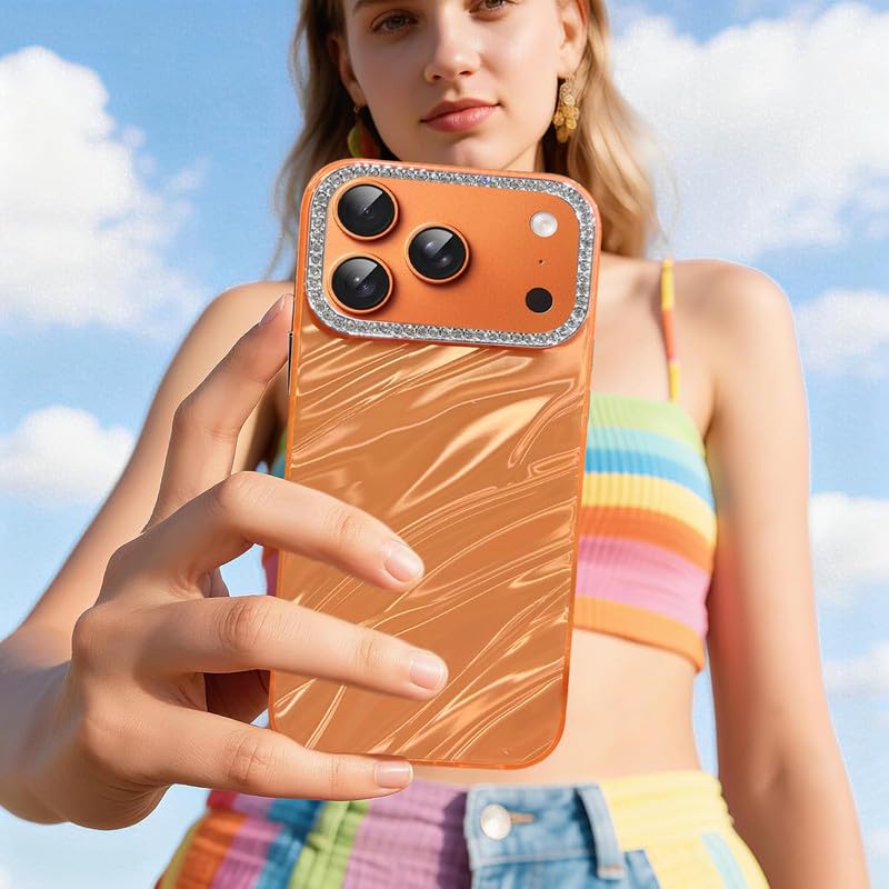 Image of COVERLY for iPhone 17 Hot Diamond Bling Camera Protection Frame Phone Case, Luxury Glossy 3D Laser Cut Water Ripple Mirror Glitter Cute Colorful Shiny Hard Mobile Cover for Apple iPhone 17 (Orange)