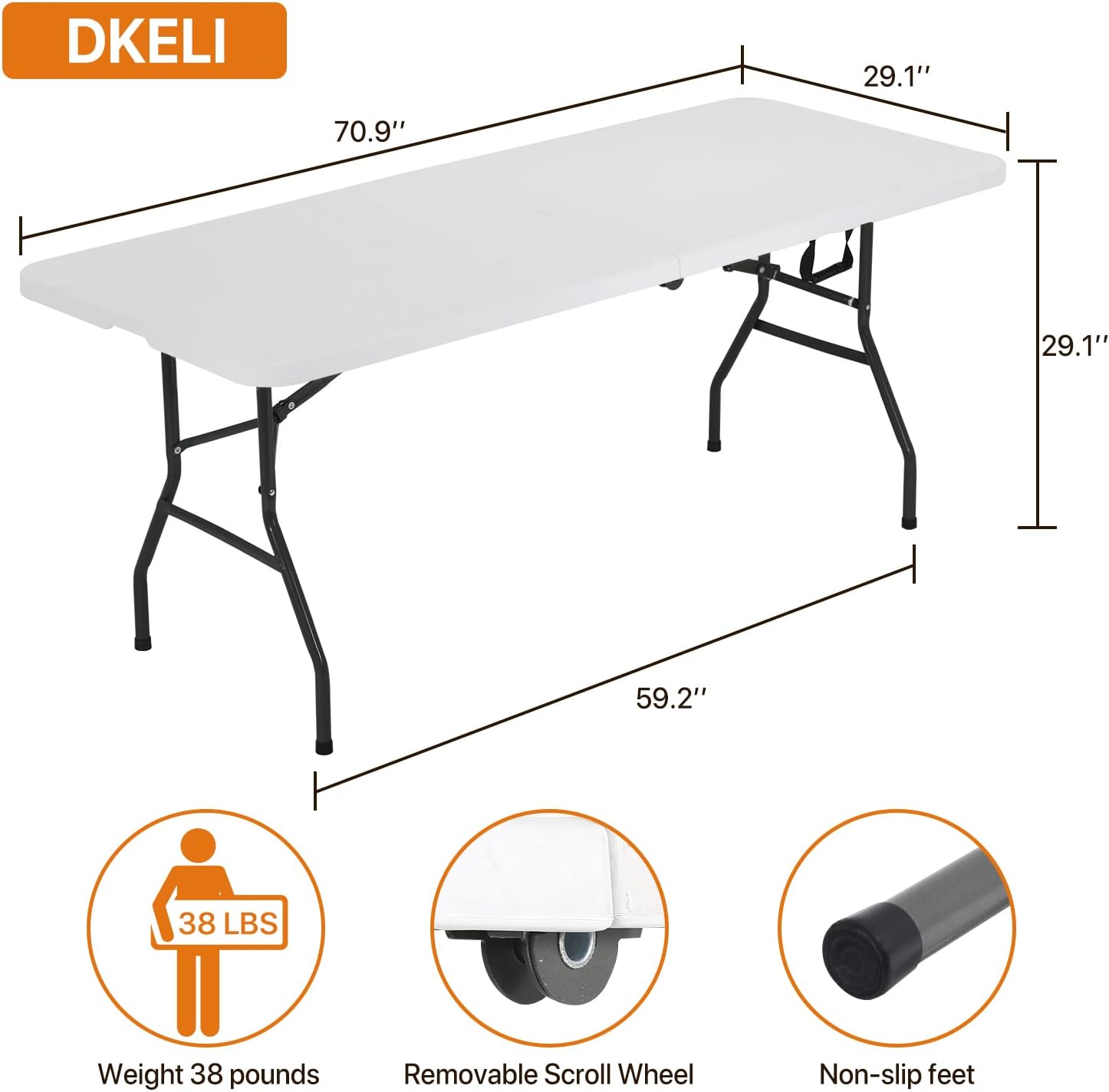 Folding Table | 6 ft Folding Picnic Table Portable | Heavy Duty Dining Table | Fold in Half with Handle and Sturdy Steel Frame for Outdoor Indoor Camping, Picnic and Party, White