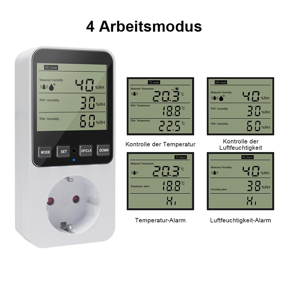 KETOTEK Digitaler Hygrostat mit Steckdose, 230V Feuchtigkeitsregler für Luftbenteuchter & Luftentfeuchter, Temperaturregler mit 3m Fühler & Alarm, für Gewächshaus, Keller, Inkubator
