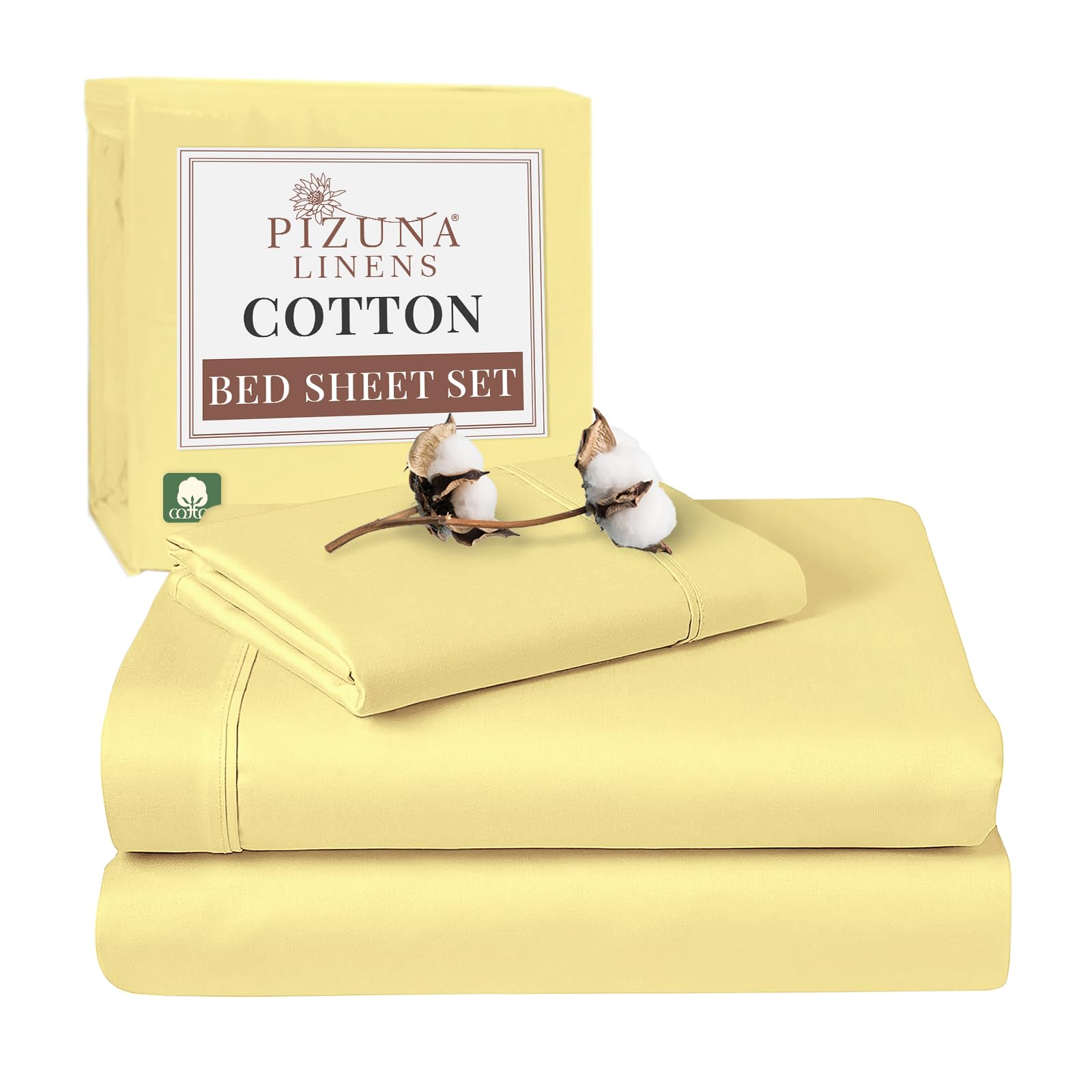 Pizuna Mellow Yellow 100% Cotton Single Bed Sheet Set 400 Thead Count Long Staple Cotton Bedding Set 180X280 Cm, Soft Sateen 3 Pc Single Bed Sheet Set - Fitted Sheet, Flat Sheet & 1 Pillowcase