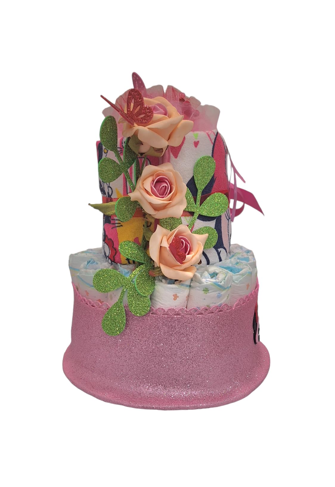 MC® Torta di Pannollini Rosa Composta da 30 Pannollini su due piani e 2 Bavette regalo per nascita battesimo compleanno mc composizioni