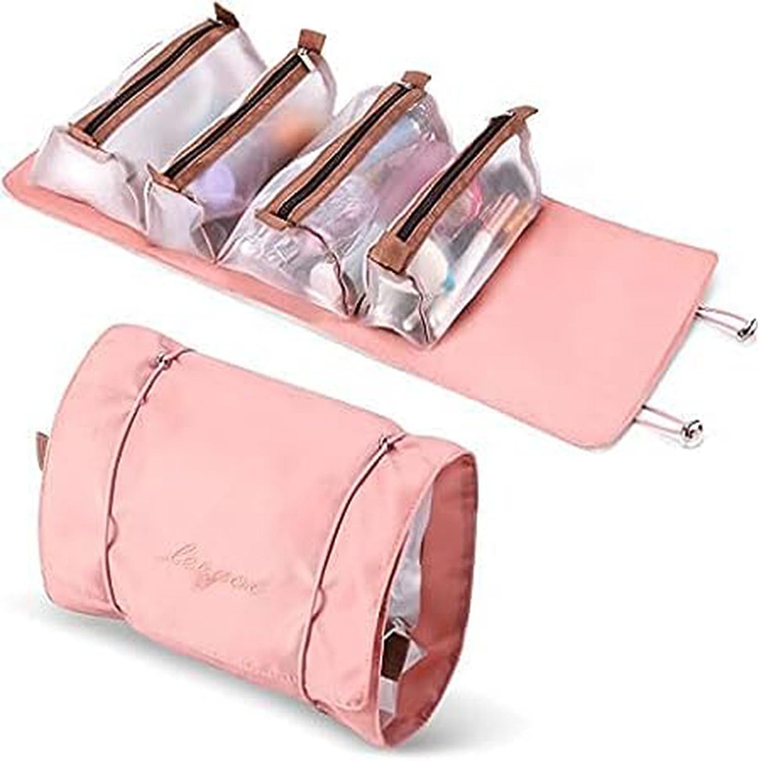 4-in-1 Roll Up Toiletry Bag for Women & Men | Detachable Travel Makeup Organizer Pouches | Hanging Cosmetic Storage Case with Zippers & Mesh Pockets | Foldable, Portable (Pink)-image-26