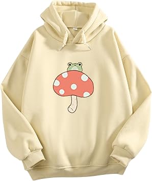 Cute Mushroom Frog Hoodie for Women Hooded Sweatshirt Clothes Hoodies for Teen Girls Aesthetic Tops Beige, S