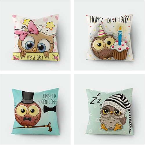 FALEYITAO Fundas de almohada decorativas de 4 piezas con estampado de búho, funda de almohada de lino y algodón para sofá, sala de estar, patio,