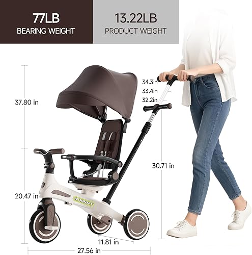 Miniatura 2 de Winhope Triciclo para niños, triciclo 6 en 1 para bebés con asa de empuje ajustable, asiento reversible y toldo, cochecito de bebé para niños de 1 a