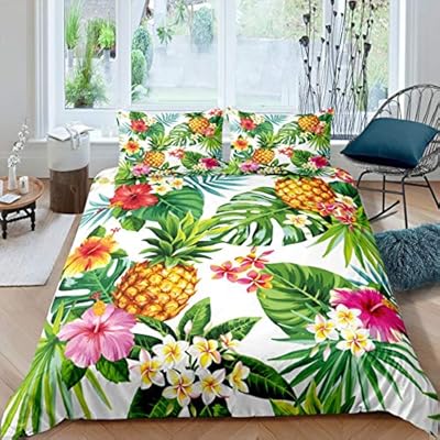 Erosebridal Pineapple Comforter Cover Palm Tree Leaf Duvet Cover Full Size for Kids Room Blooming Flower Cartoon Bedding Set for Boys Girls Tropical Fruit Floral Bedspread Cover with 2 Pillow Cases 61Shu+bmsQL. SS400