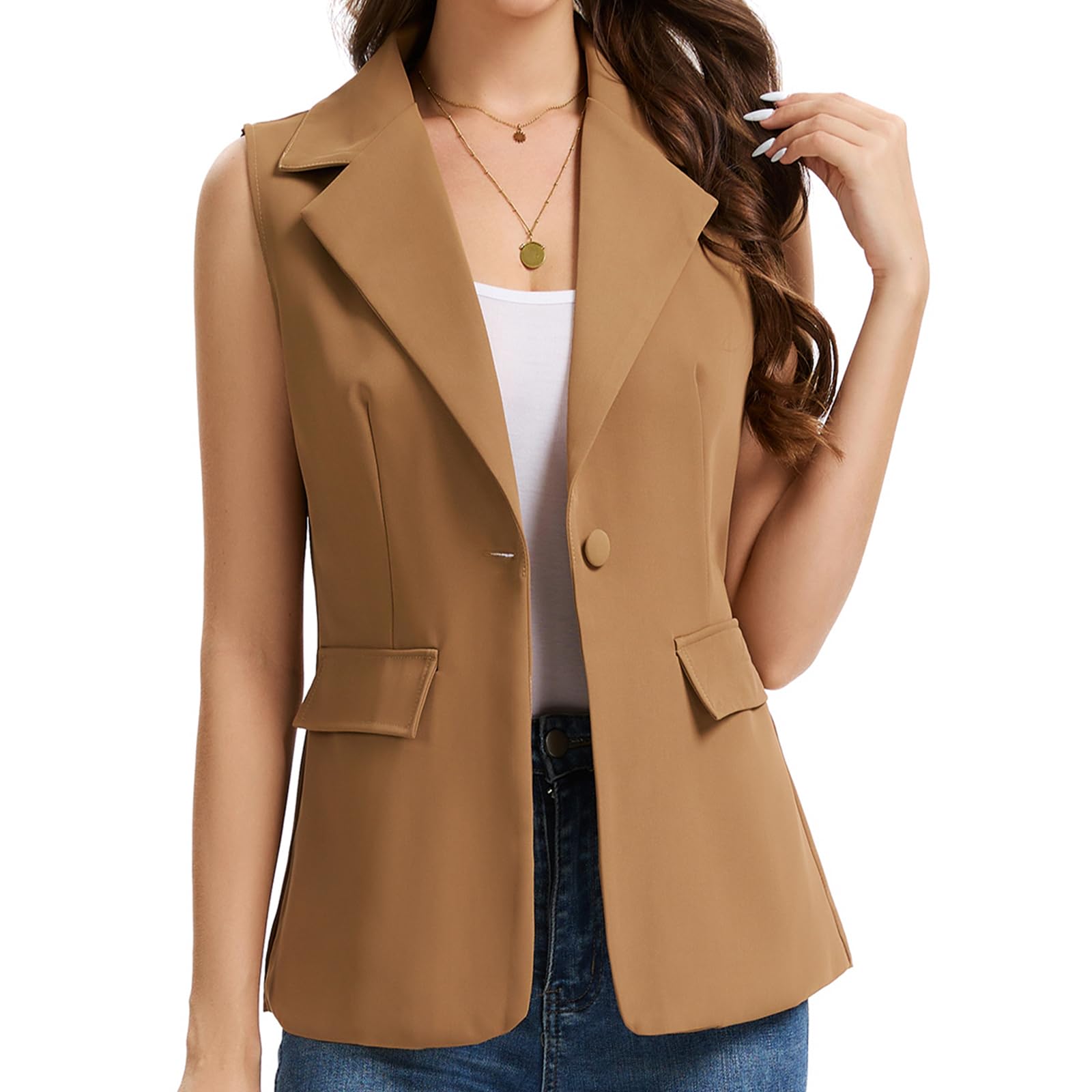 Women's Sleeveless Blazer Vest Lightweight Fully Lined Single Button Fashion Casual Work Office Jacket with Pockets-image-38
