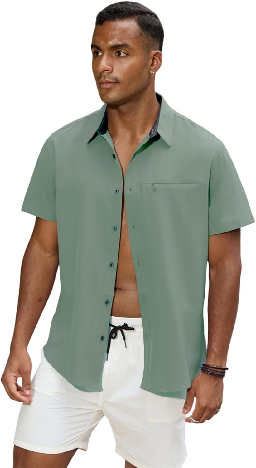 GSOU SNOW Mens Fishing Shirts Short Sleeve Button Up Hiking Shirt Cooling Quick Dry Vented