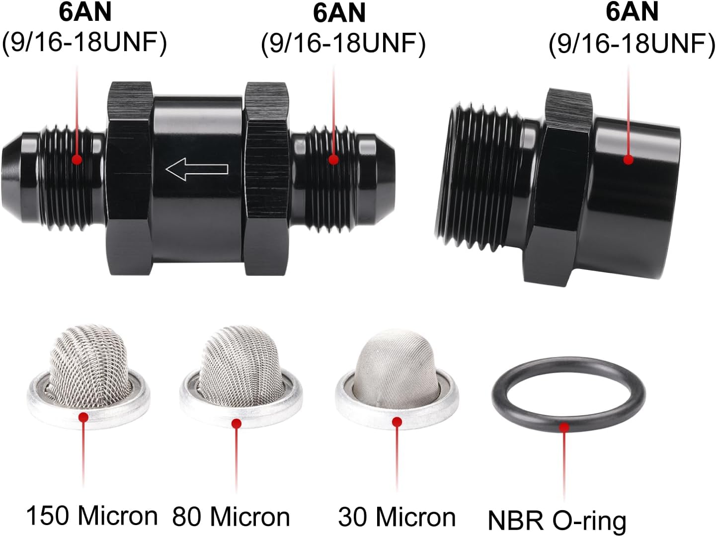 6AN Inline Fuel & Oil Feed Filter Set with 30 80 150 Micron Elements Aluminum Black