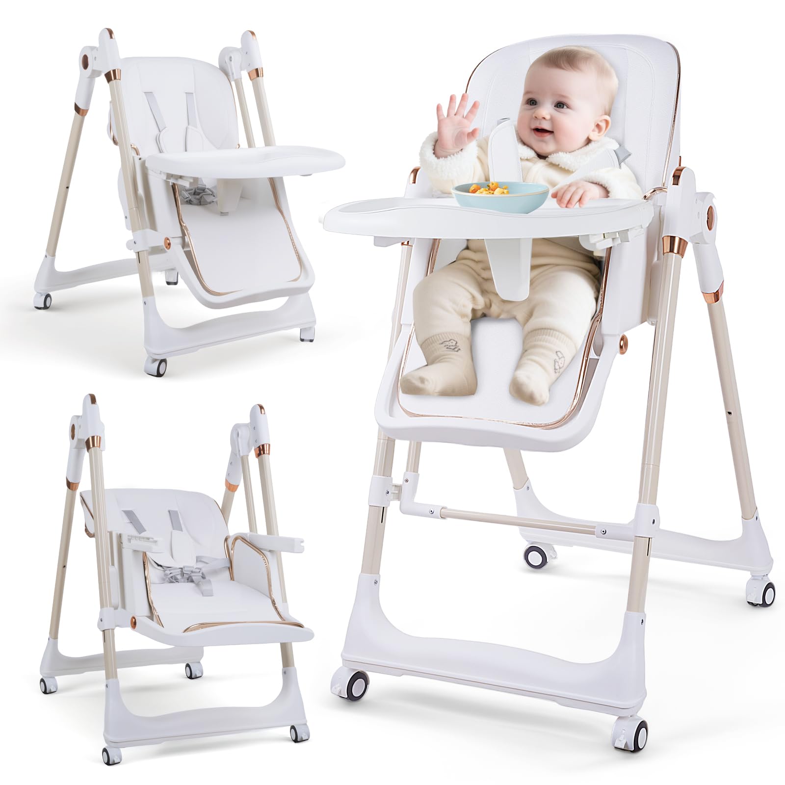 Chaise Haute 3 en 1, pour Bébé Ergonomique, Confortable, Inclinable, Pliable, avec Hauteur Réglable, Repose-Pieds, Plateau Amovible, Harnais 5 Points, 0 à 20 kg (Blanc)