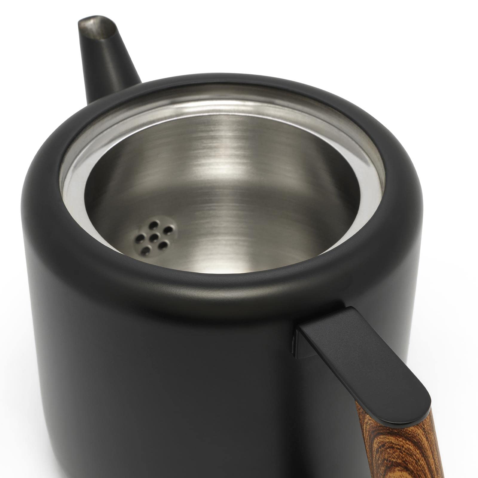 Bredemeijer Teekanne Set 1.1 Liter - Kanne aus Edelstahl doppelwandig schwarz - großer moderner Teebereiter mit Holzoptik-Griff & Tee-Filter-Sieb-Aufsatz -ideal für losen Tee