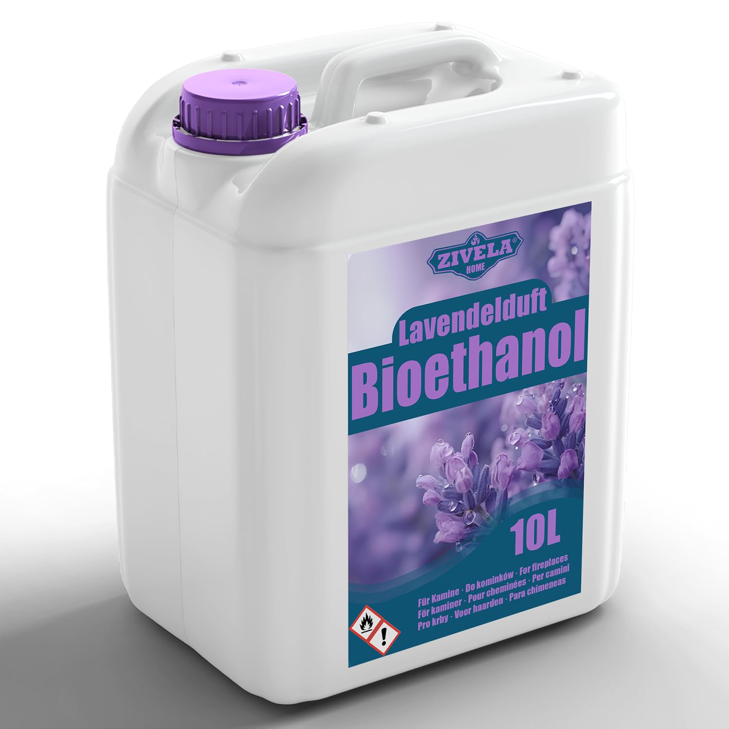 Bioetanolo 96,6% 10 l, profumo di lavanda di alcool biologico 96,6% 10 l, bioetanolo per camino, caminetto, camino a bioetanolo, profumo di lavanda, combustione pulita, senza fumo, fiamma vivida e