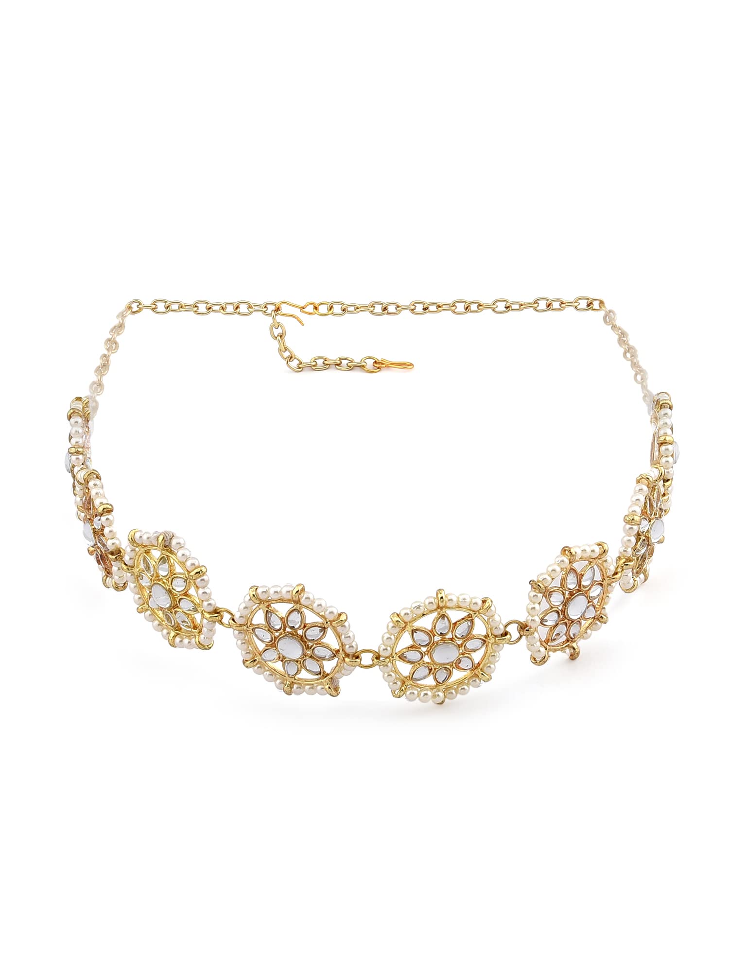 Gold Tone Kundan & Pearls Studded Flowers Ethnic Head Chain For Women-ZPFK13110